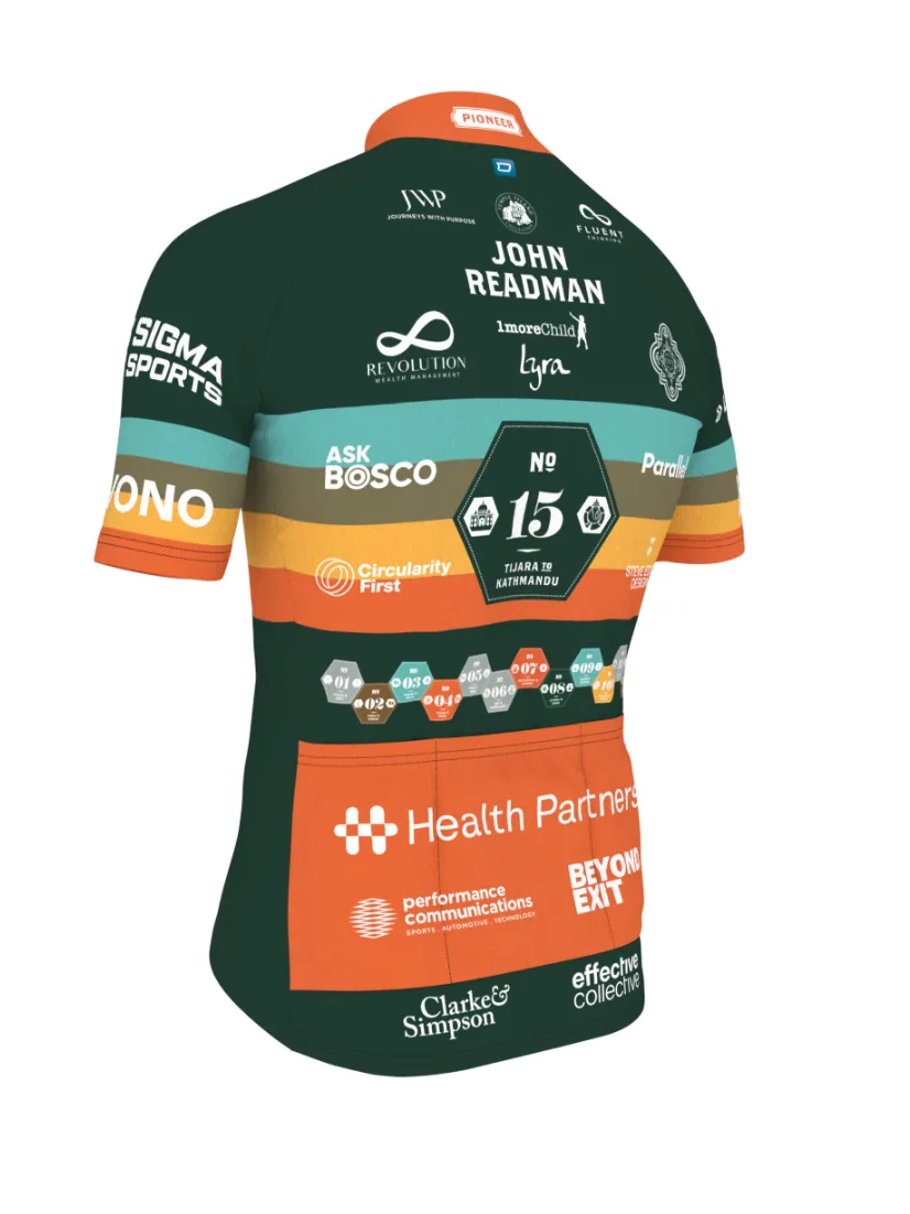 Pioneers Leg 15 jersey, back, with sponsor logos