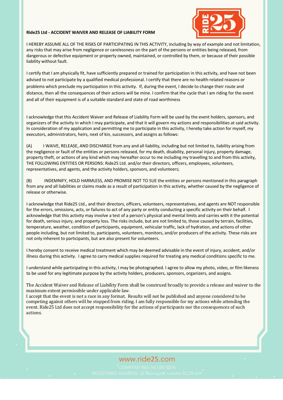Ride25 rider waiver form, page 1 of 2