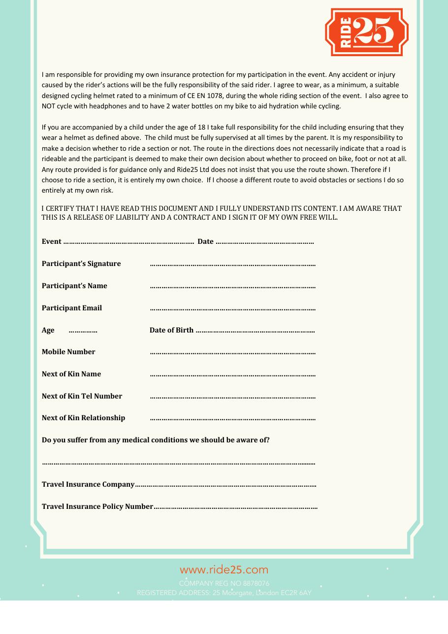 Ride25 rider waiver form, page 2 of 2